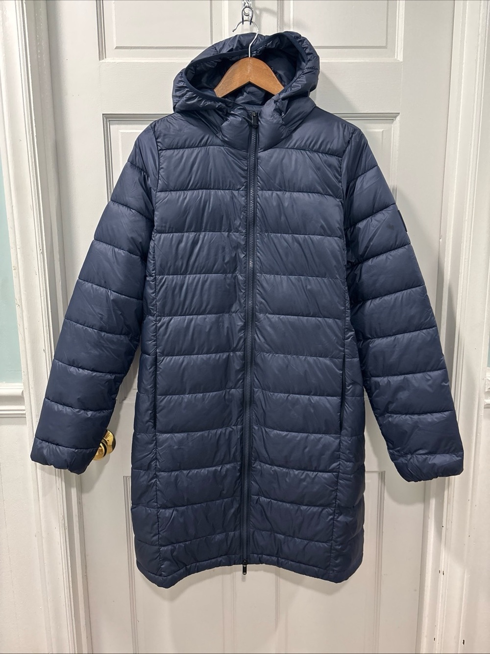 Athleta Women’s Aire Puffer Parka Size Medium Tall Navy Blue NWOT Midi Length